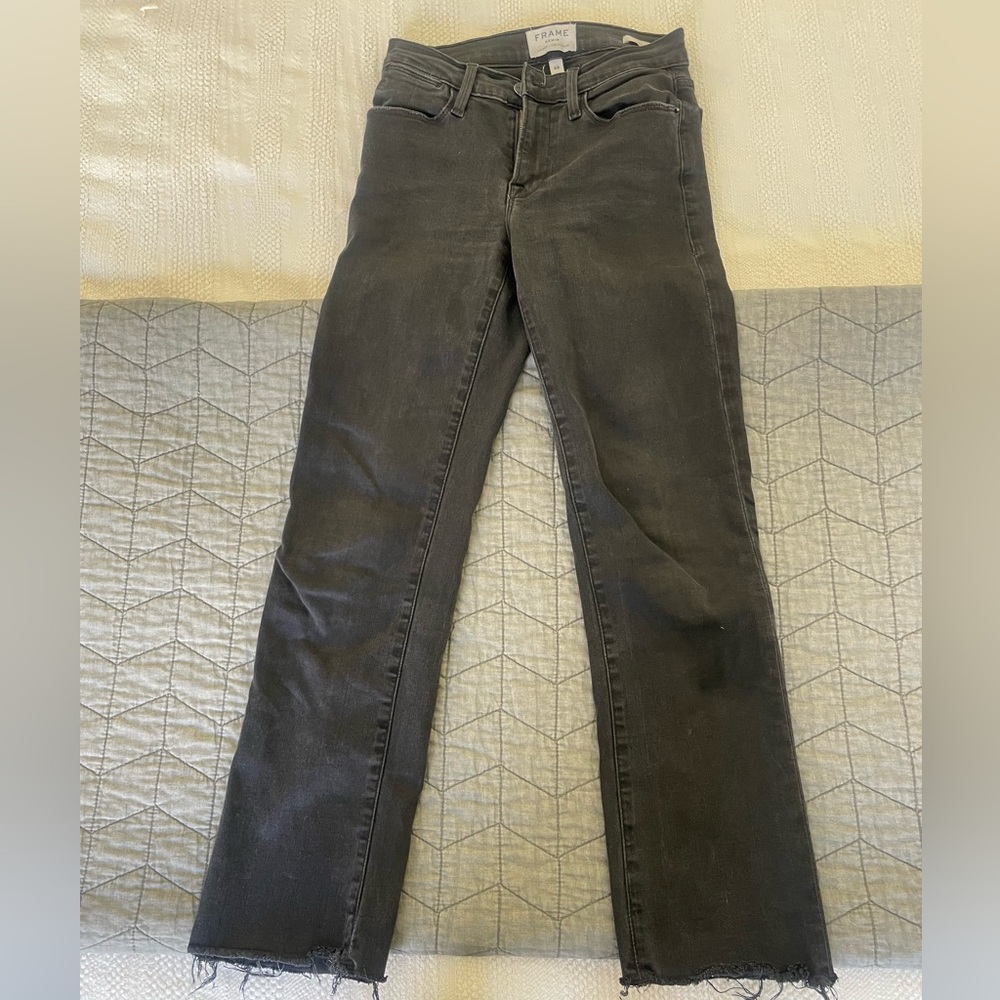 Frame denim le high straight with distressed hem